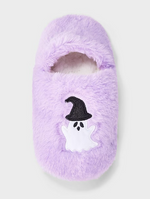 Load image into Gallery viewer, Halloween Embroidered Ghost Faux Fur Slipper Socks with Grippers
